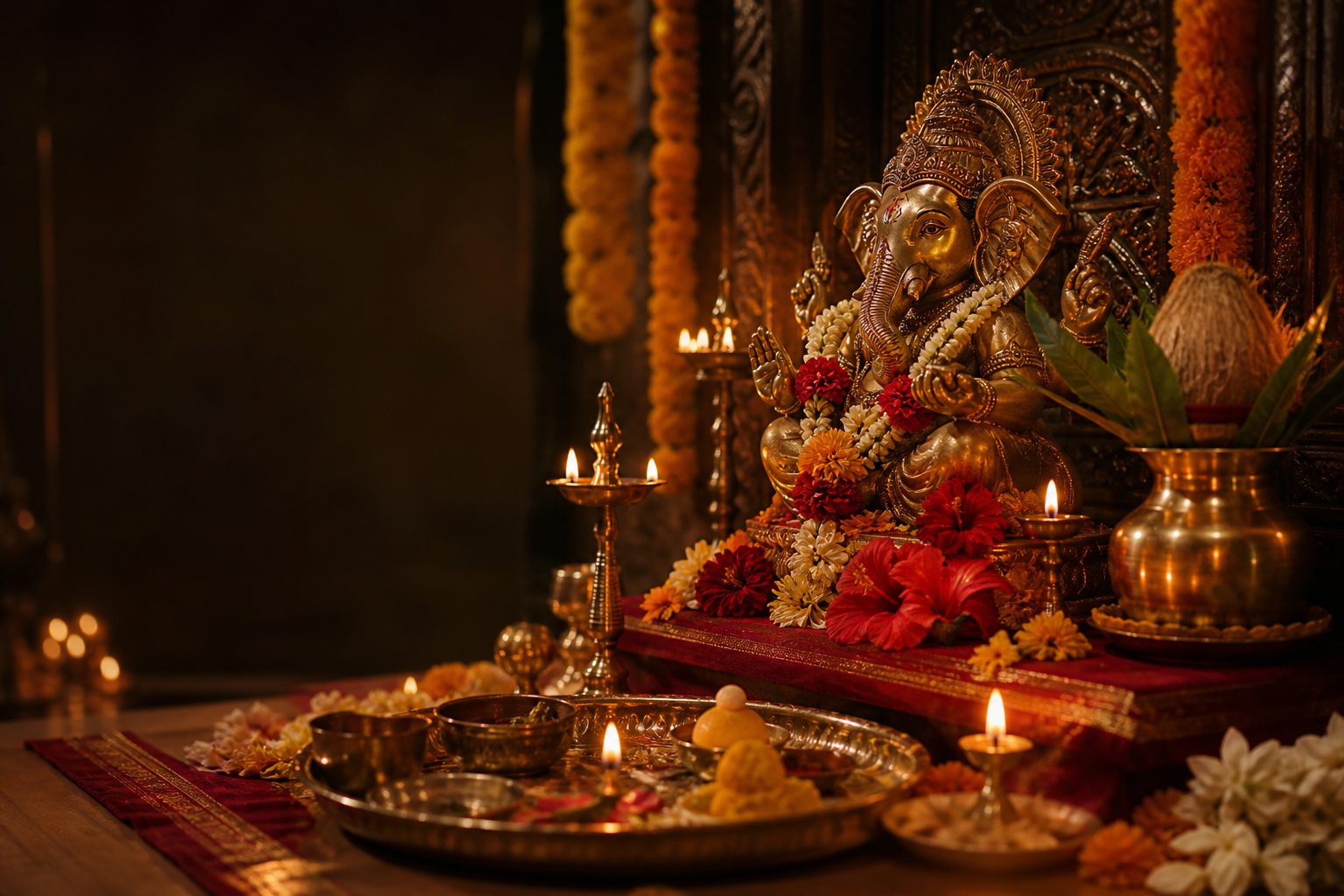 Traditional Ganesh pooja altar with flowers and diyas