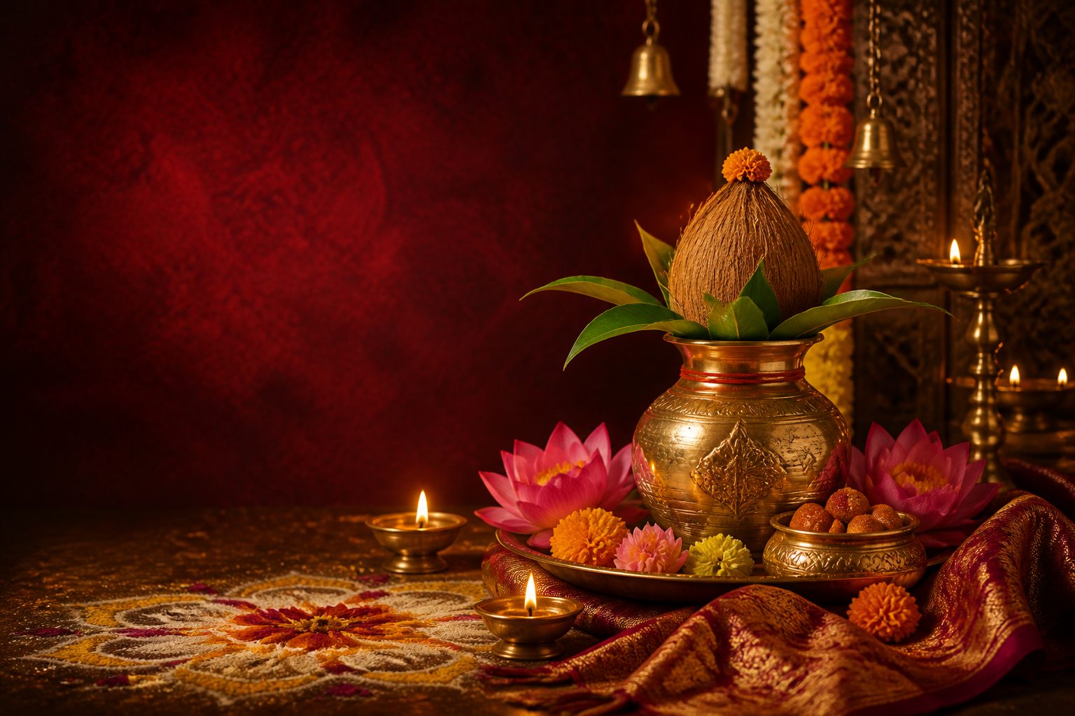 Lakshmi pooja kalash, lotus flowers, rangoli and glowing diyas