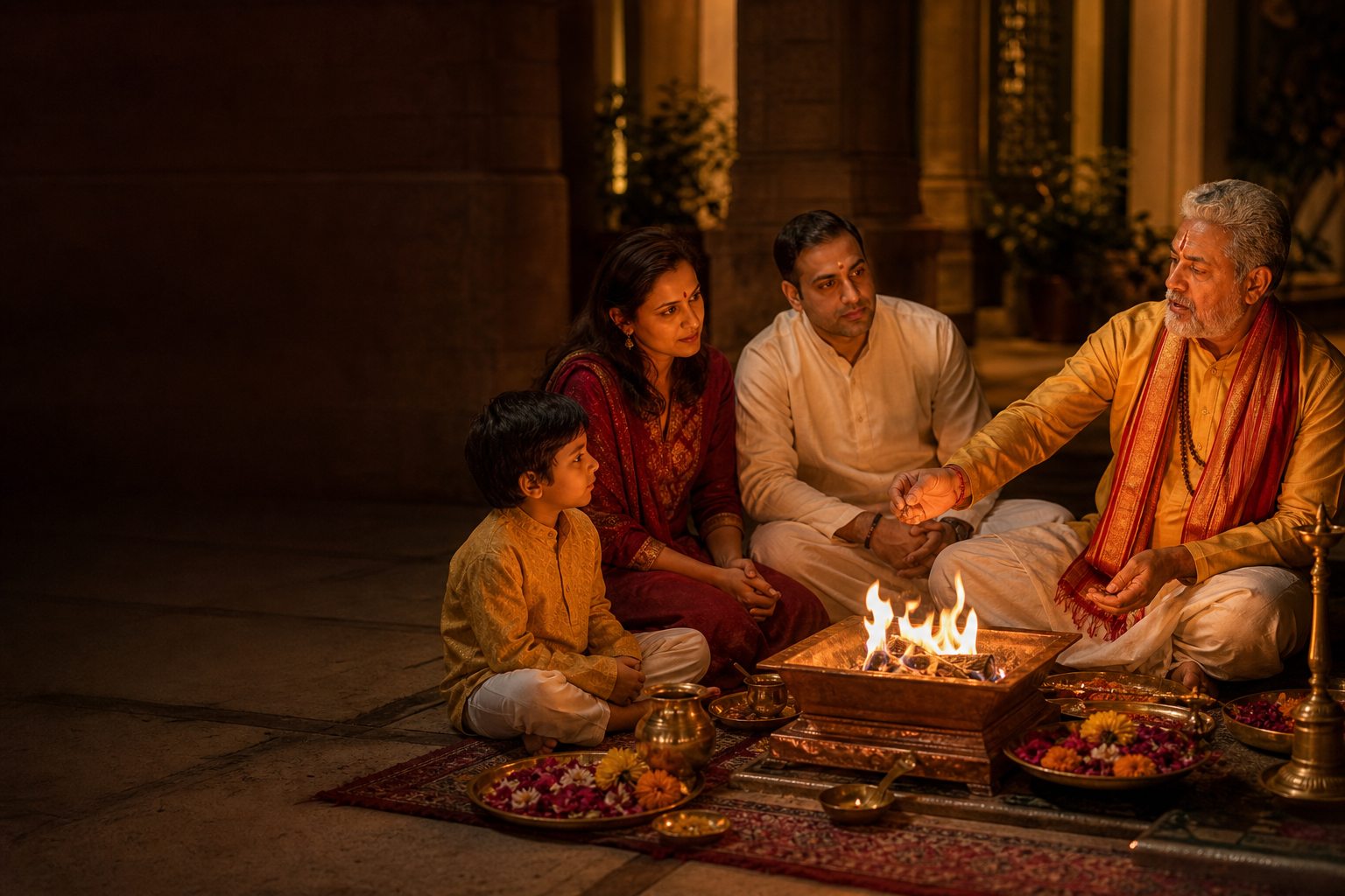 Pandit guiding a family during a traditional havan