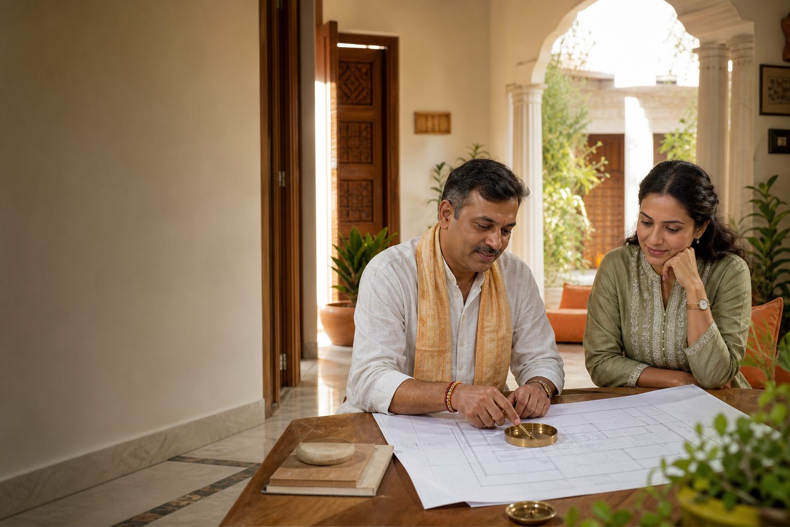Vastu consultant reviewing a home plan with its owner